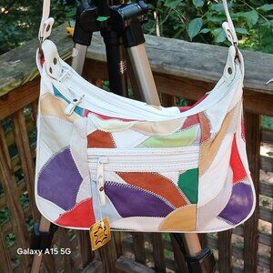 Vintage 70's White Leather&Color Patchwork Rainbow Sun Design Shoulder Bag NWT